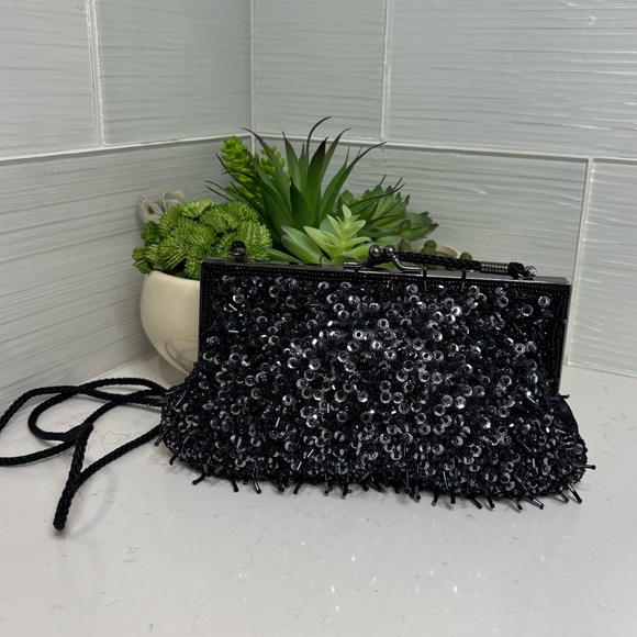 Lancome Handbags - Vintage Lancôme Black Beaded Evening Bag Sequin Clutch Braided Strap Formal